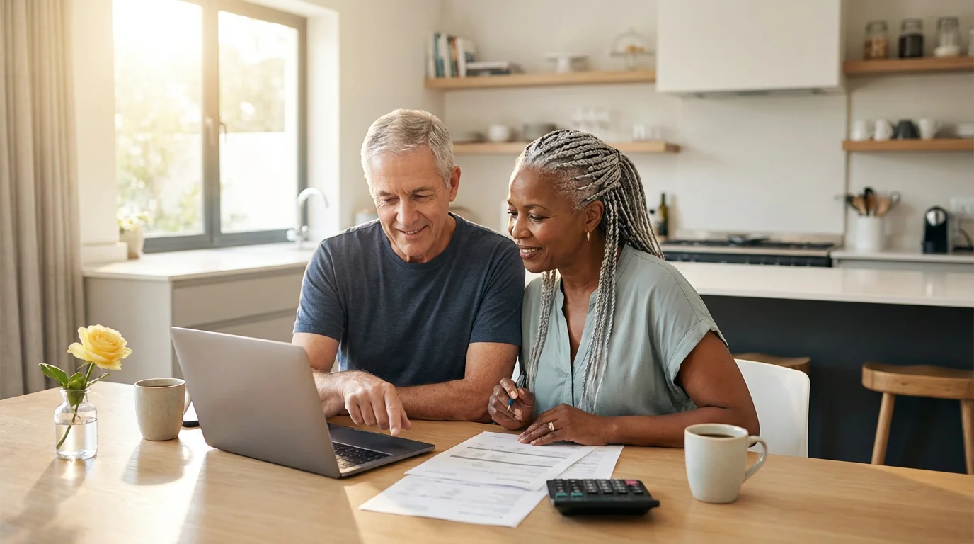 A mature couple at their kitchen table, budgeting for their retirement with a laptop.