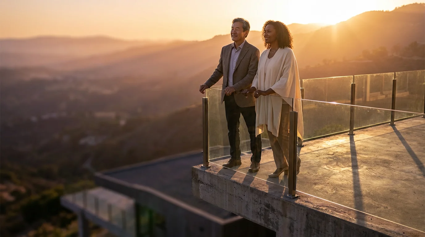 A mature couple on a balcony at golden hour, thoughtfully planning their retirement future together.