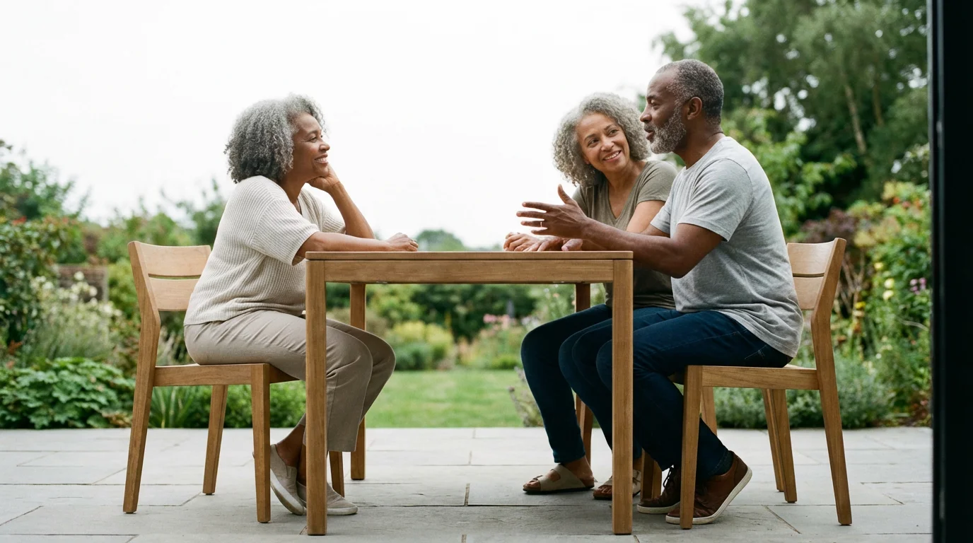 A mature couple sits at a patio table, deeply engaged in a financial planning conversation.