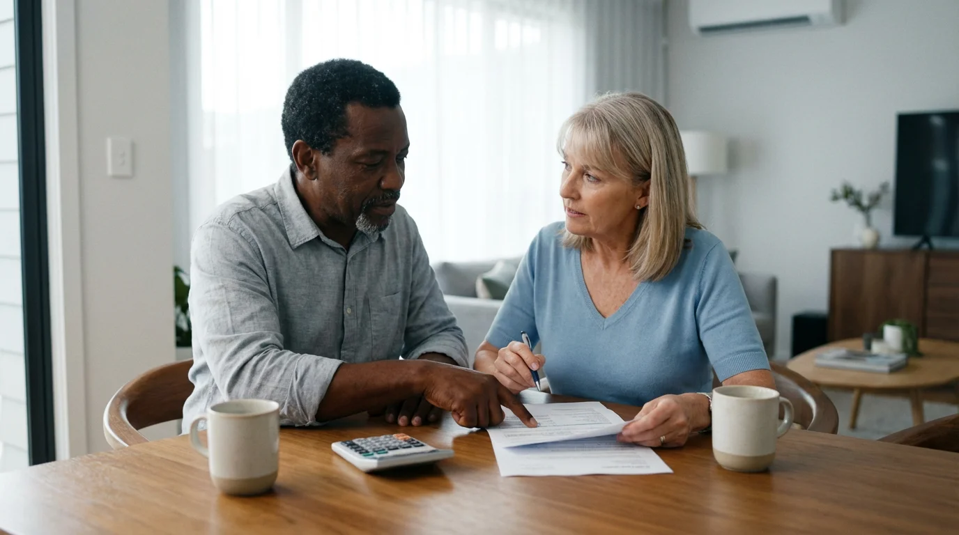 A mature couple sits at a table reviewing paperwork and planning for Social Security.