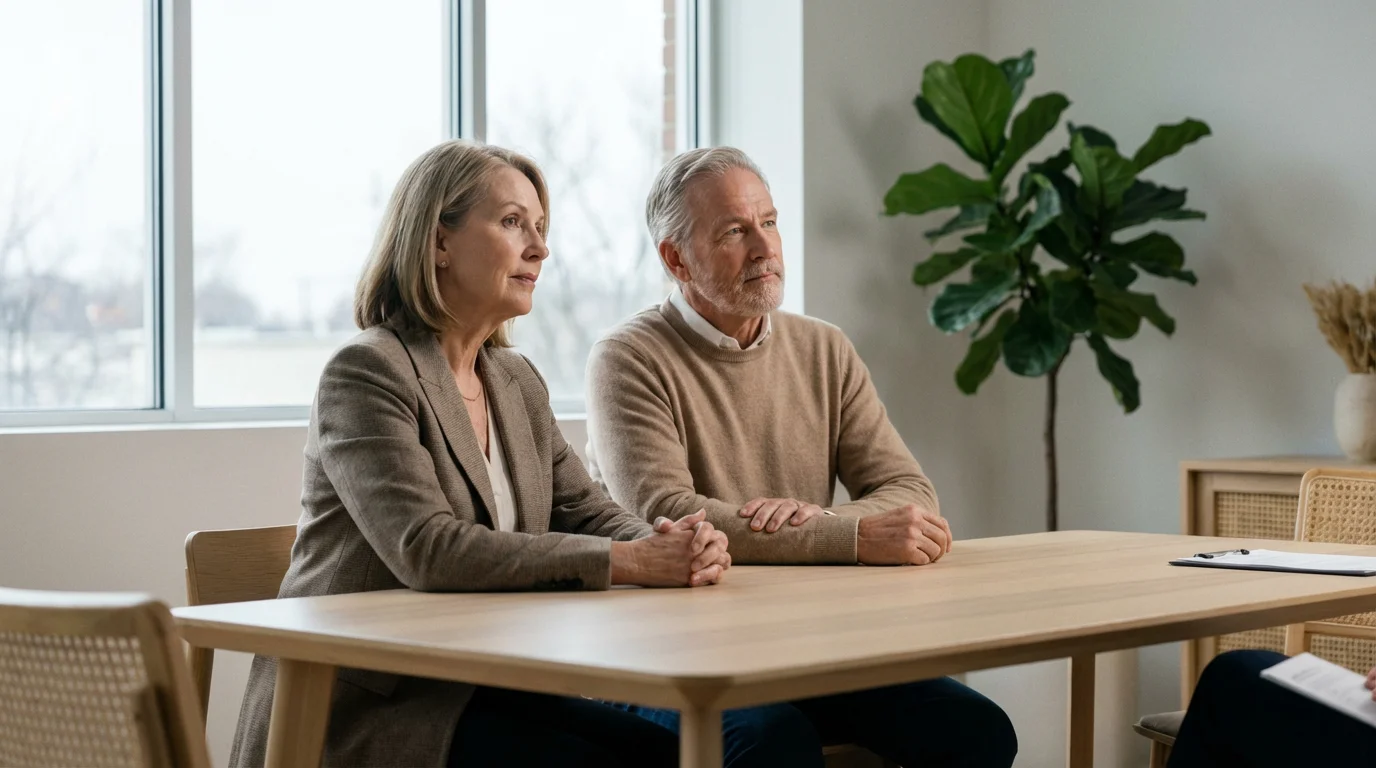 A mature couple sits in a bright, modern office, thoughtfully considering their options.