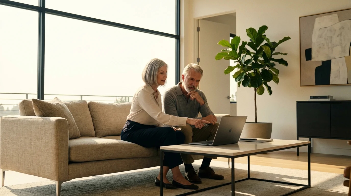 A mature couple sits in a modern, sunlit living room discussing finances with a laptop.