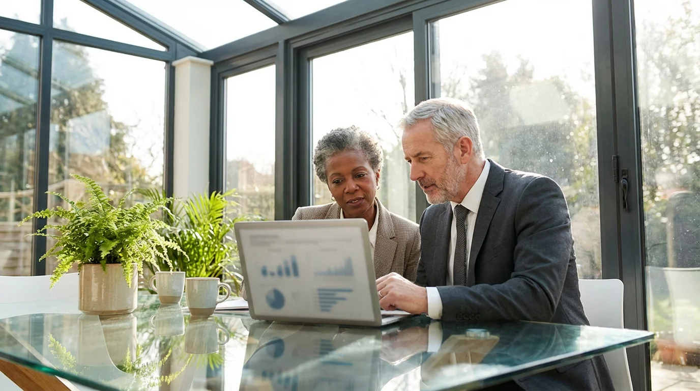 A mature couple sits in a sunlit room, planning their financial future on a laptop.