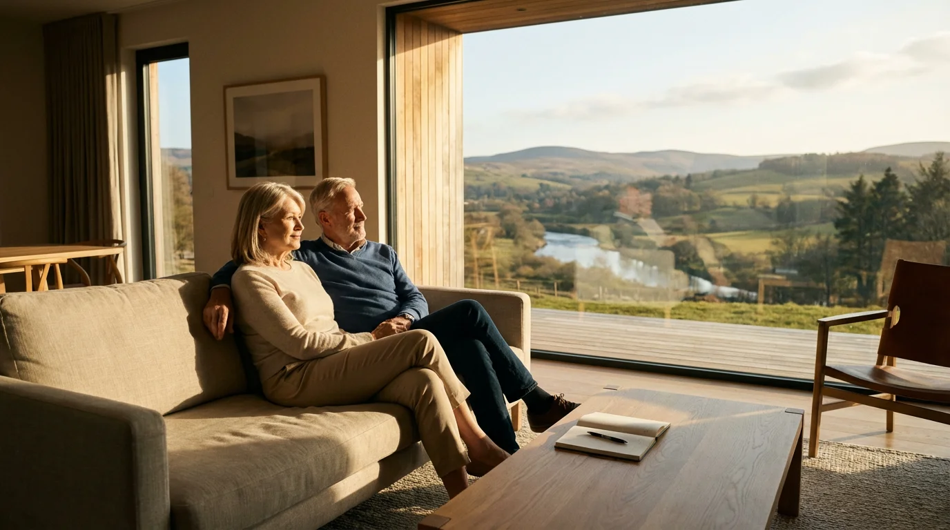 A mature couple sits in their sunlit living room, thoughtfully planning their retirement together.