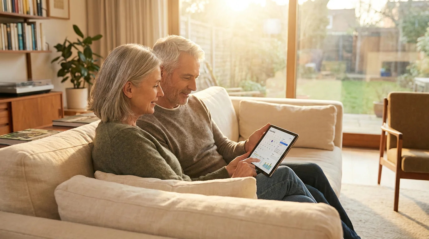 A mature couple sits on a couch, happily planning their retirement on a tablet.