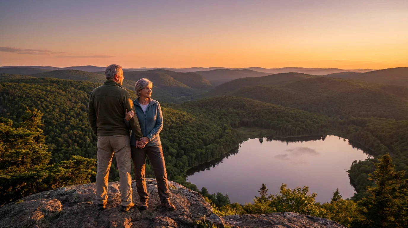 A mature couple stands on a scenic overlook at sunset, looking out at the horizon.