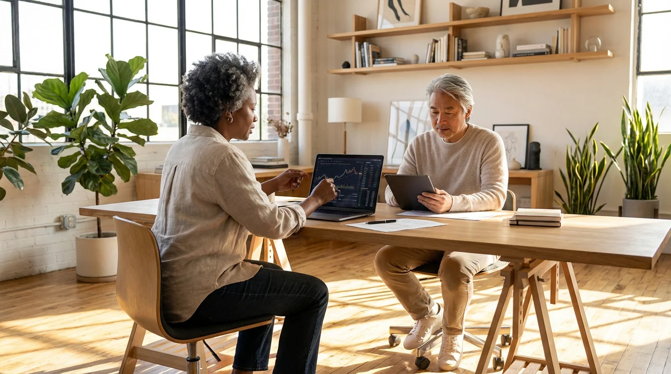 A mature couple works on their retirement budget at a desk in a sunny room.