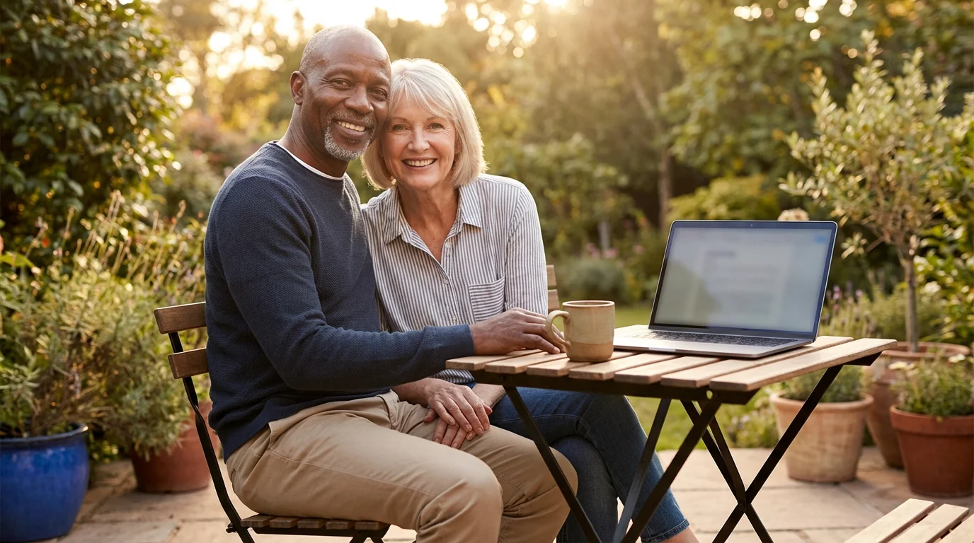 A mature, happy couple sits on their patio at sunset with a laptop.