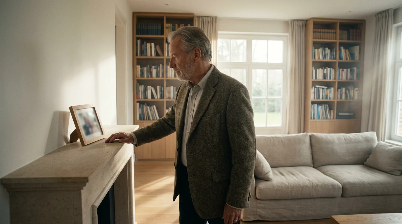 A mature man in a sunlit living room reflectively looks at a framed photograph.