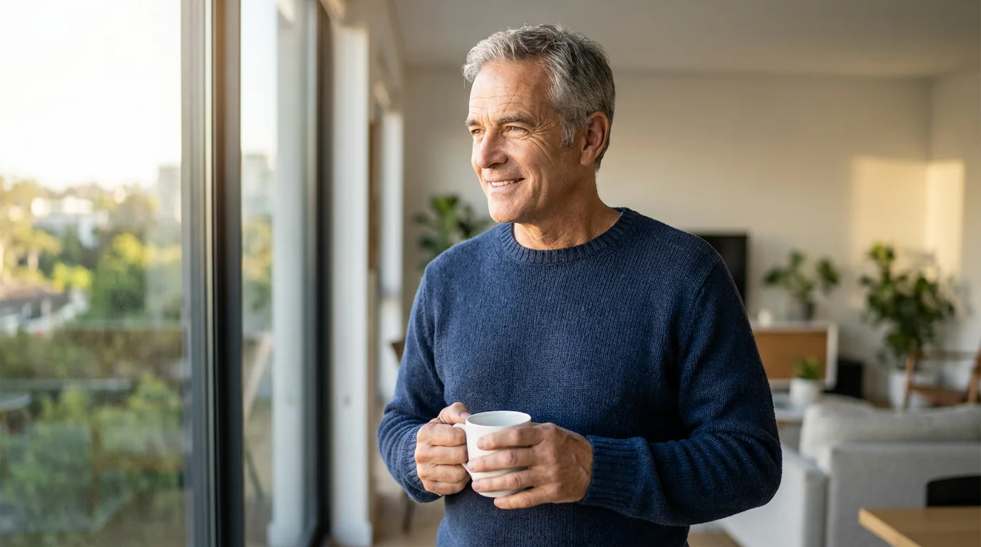 A mature man in a sunlit room looking out a window contentedly.