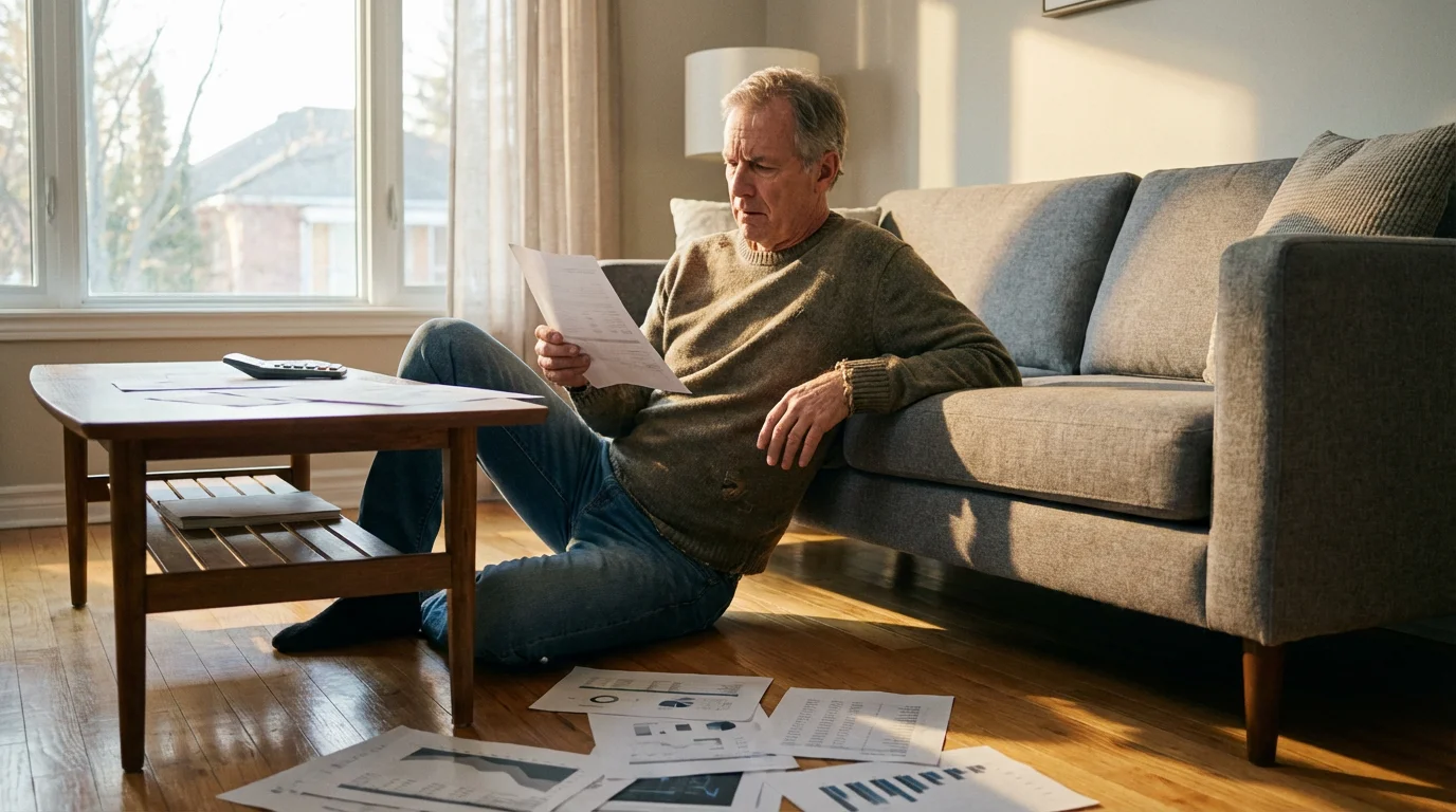 A mature man reviews financial papers for retirement taxes on his living room floor.
