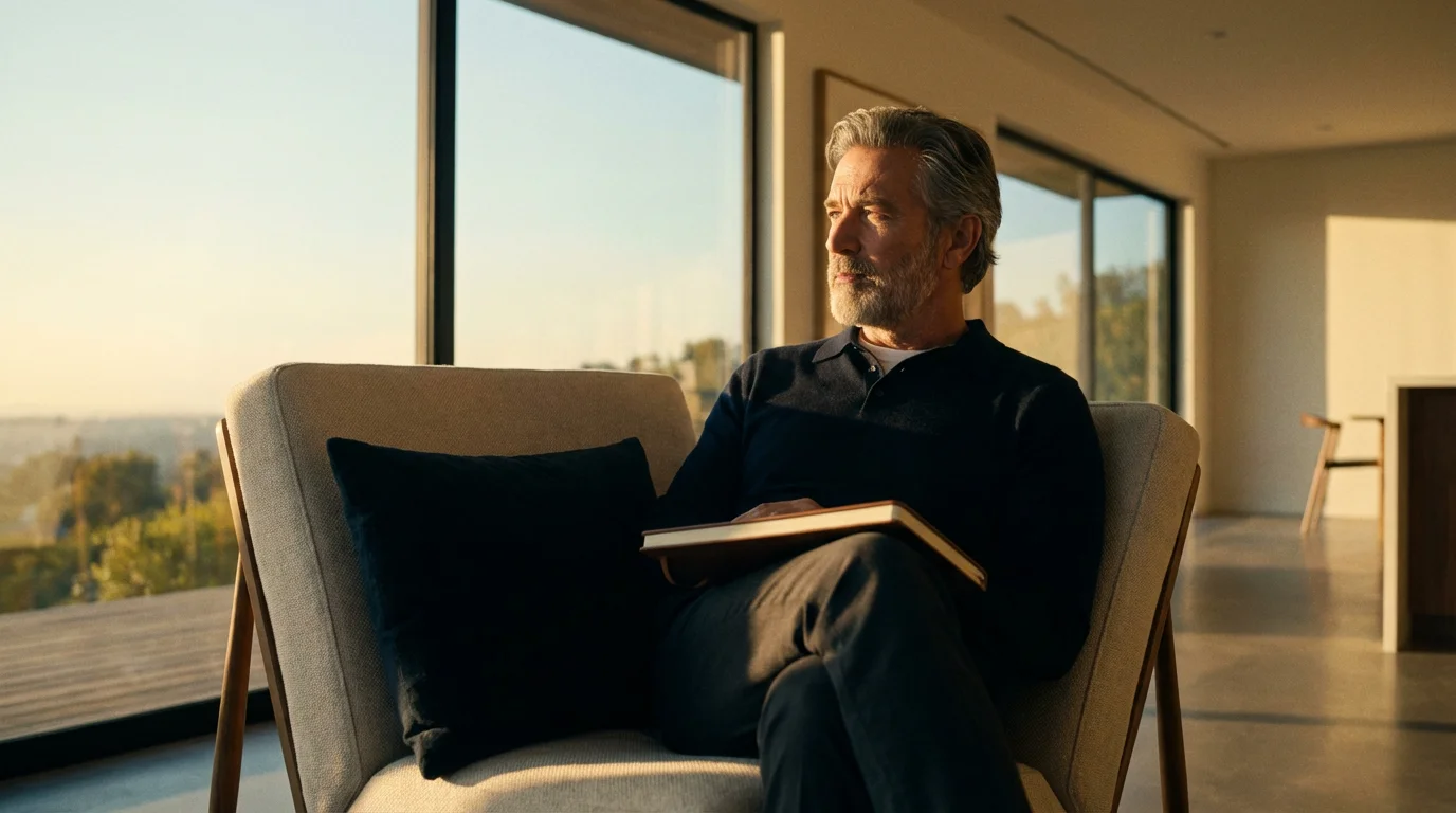 A mature man sitting in an armchair during golden hour, thoughtfully planning for retirement.