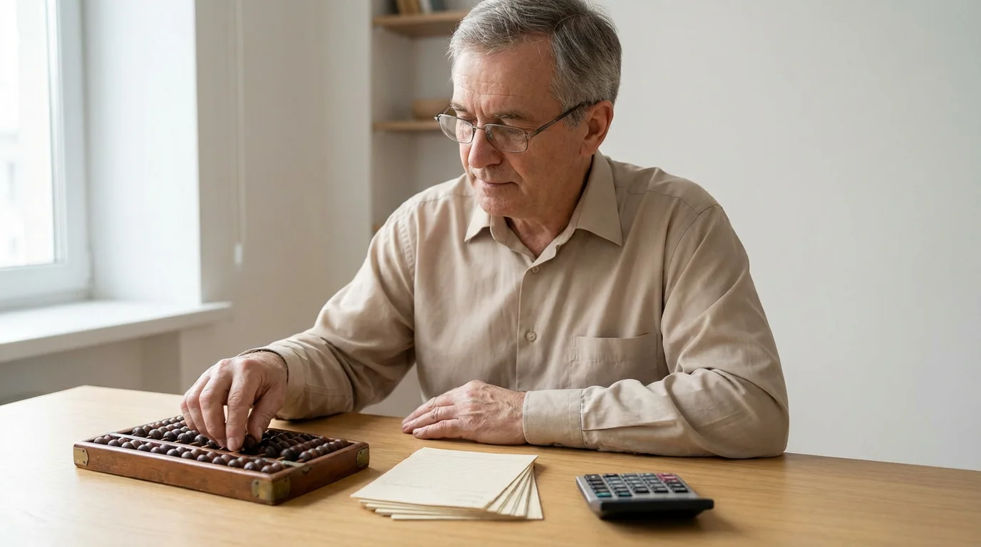 A mature man uses a wooden abacus to calculate finances next to blank forms.