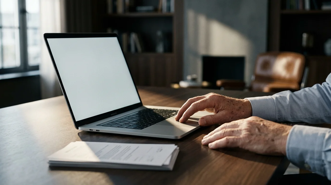 A mature man's hands on a laptop trackpad, ready to apply for benefits online.