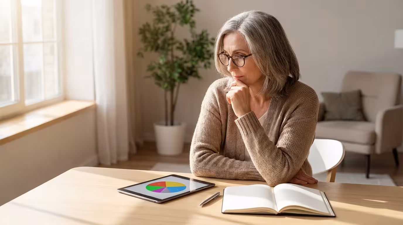 A mature woman at a desk views a financial pie chart on a tablet.