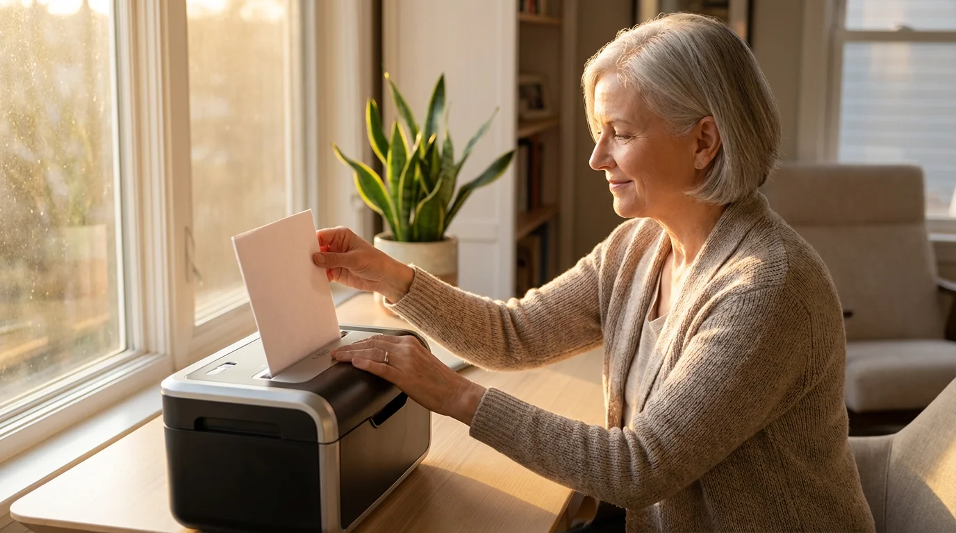 A mature woman shreds a document at golden hour, representing a financial life change.