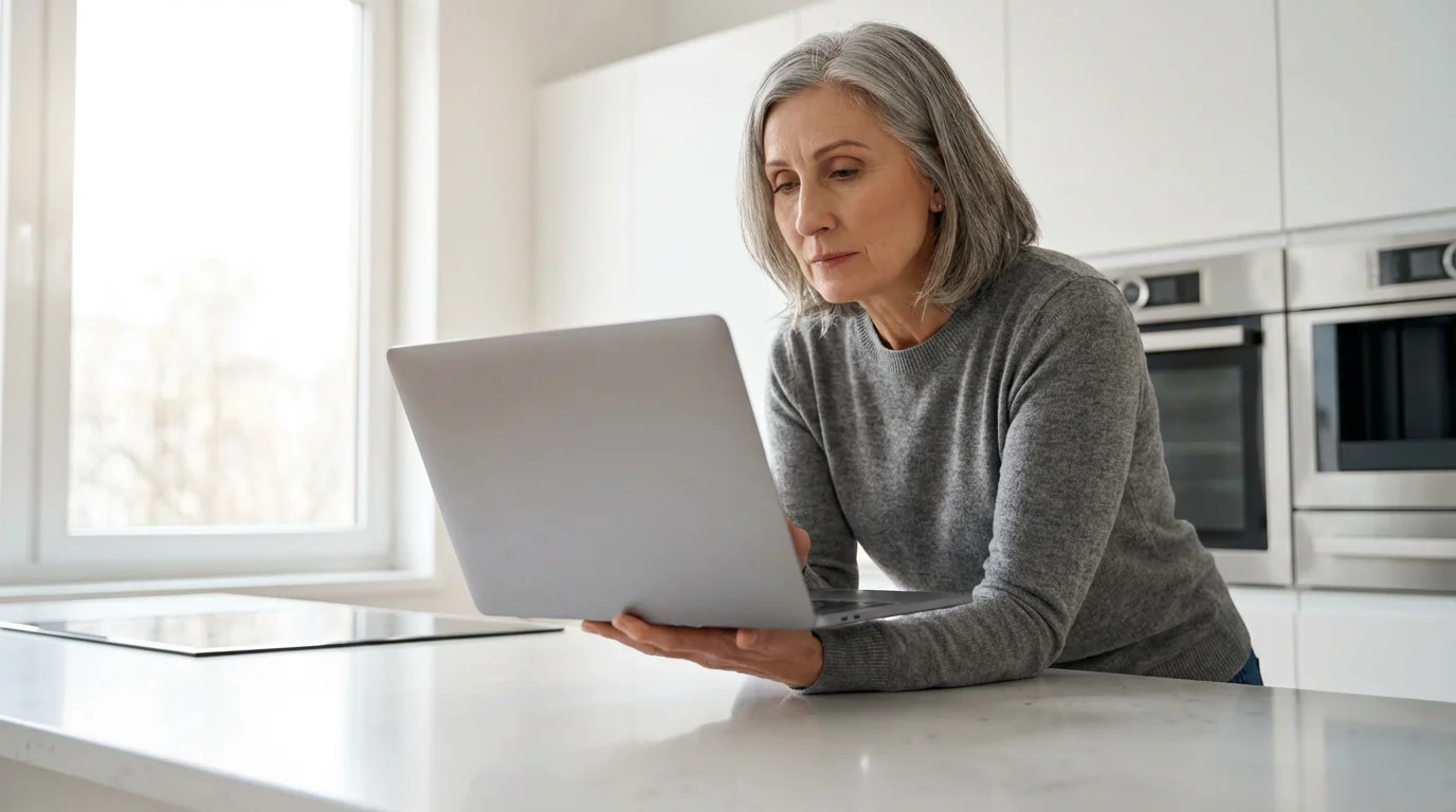 A mature woman standing in a modern kitchen, using a laptop to plan retirement.