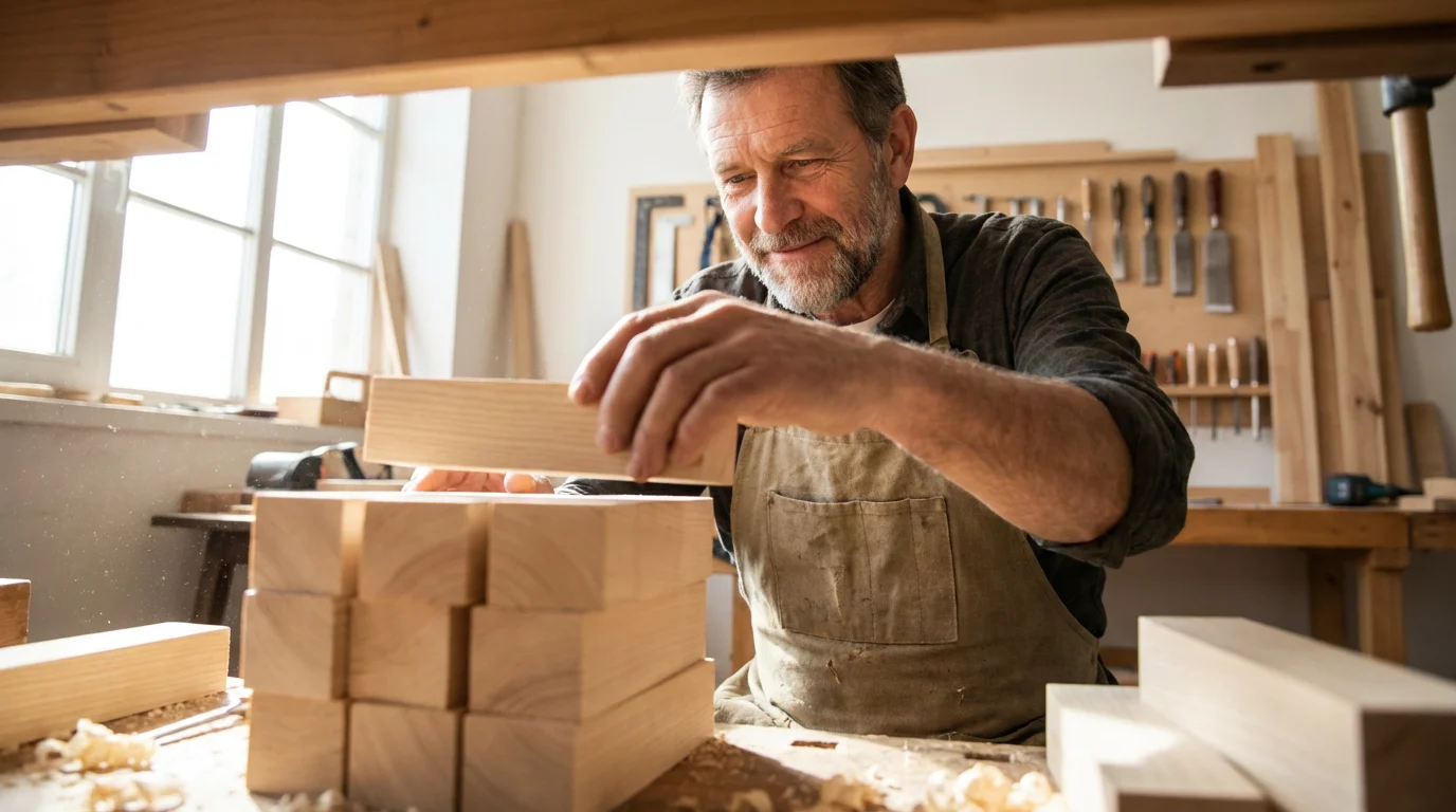A mature woodworker in his workshop stacking wooden blocks, representing accumulated self-employment earnings.