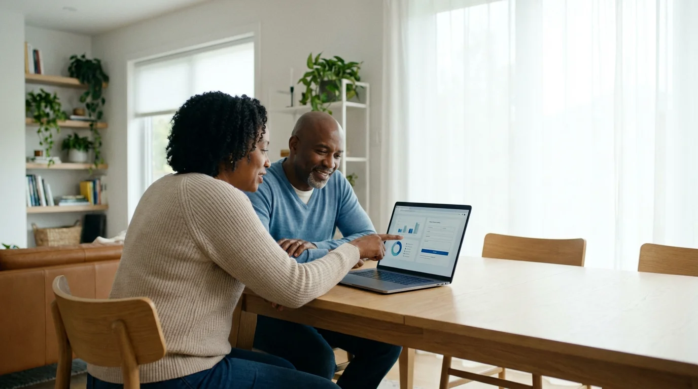 A middle-aged couple sits at a dining table, planning their retirement on a laptop.