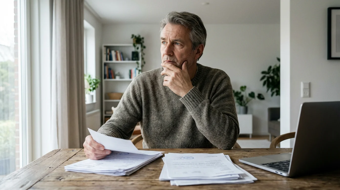 A middle-aged man sits at a table with natural window light, thoughtfully organizing paperwork.