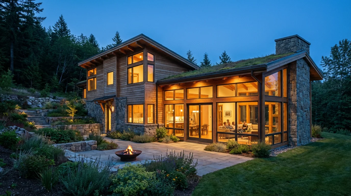 A modern home at dusk, with warm lights on, symbolizing long-term financial security.