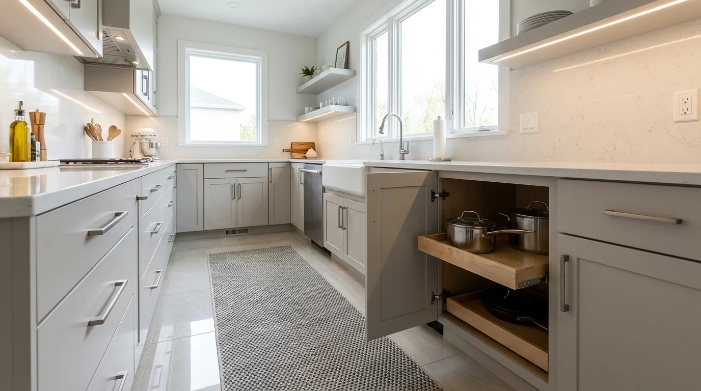 A modern kitchen with minor accessibility modifications like lever handles and under-cabinet lighting.