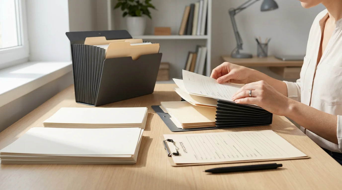 A pair of hands neatly organizes application documents and file folders on a desk.