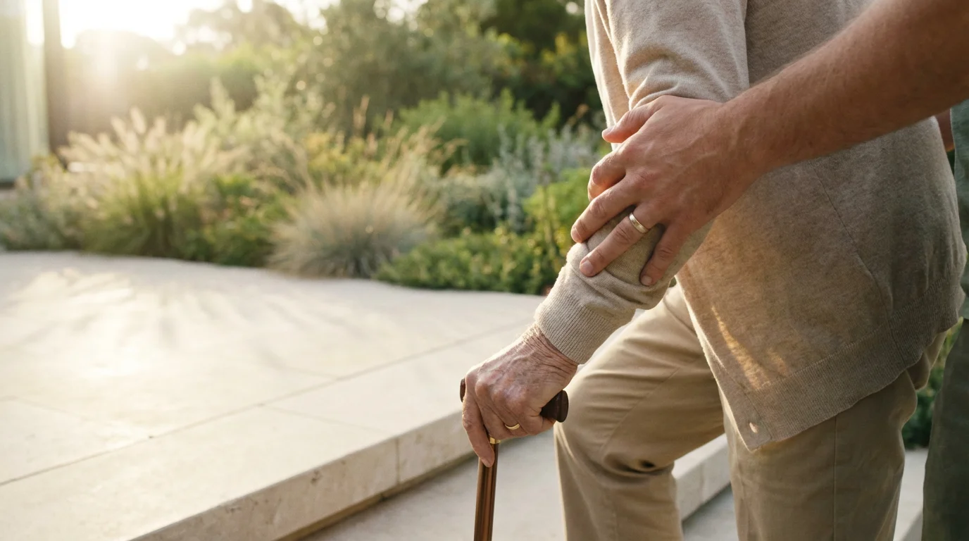 A person offers a supportive hand to an elderly individual stepping up onto a patio.