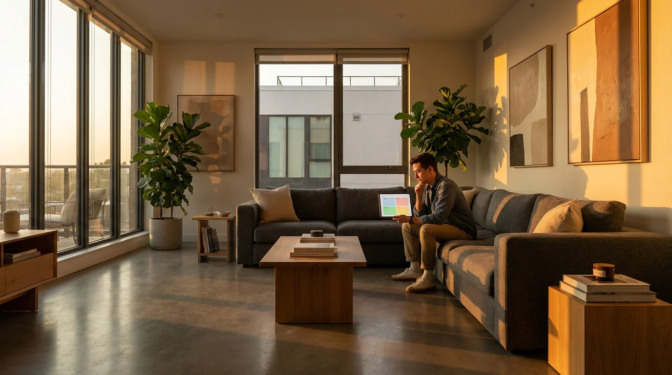 A person planning quarterly estimated taxes on a tablet in a modern, sunlit living room.