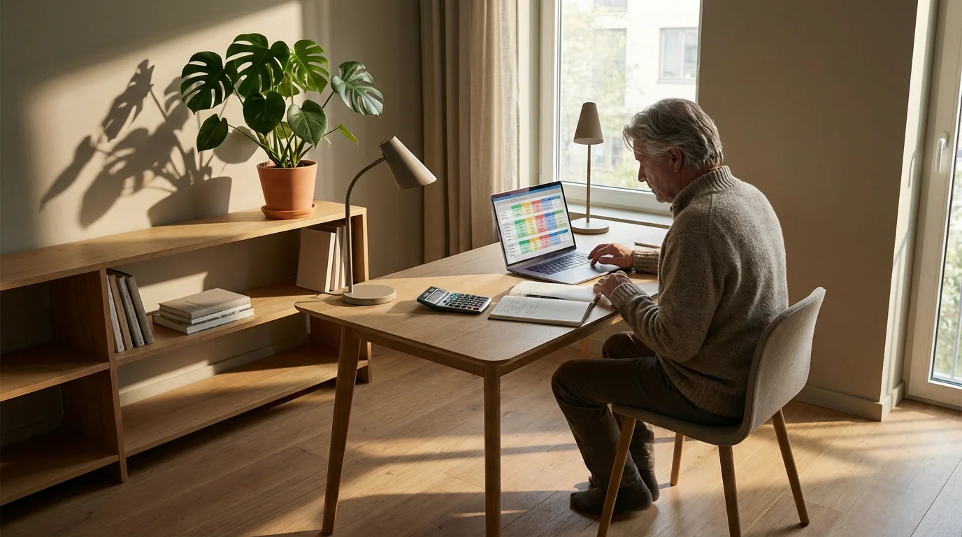 A person sitting at a desk with a laptop and calculator, planning their budget.