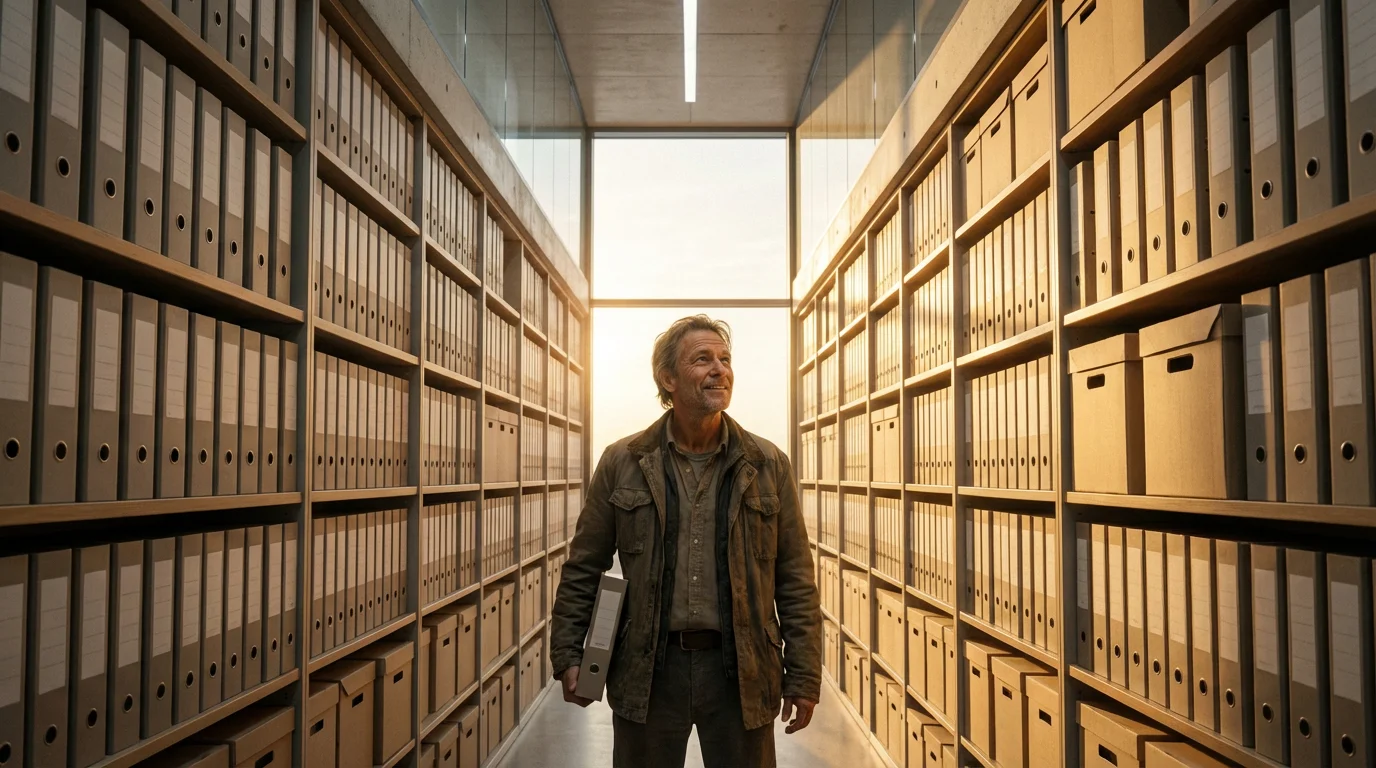 A person standing at the end of a long archive hall during golden hour.