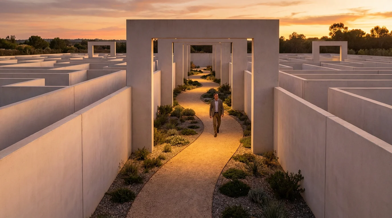 A person walks a clear path through a modern architectural maze during golden hour.