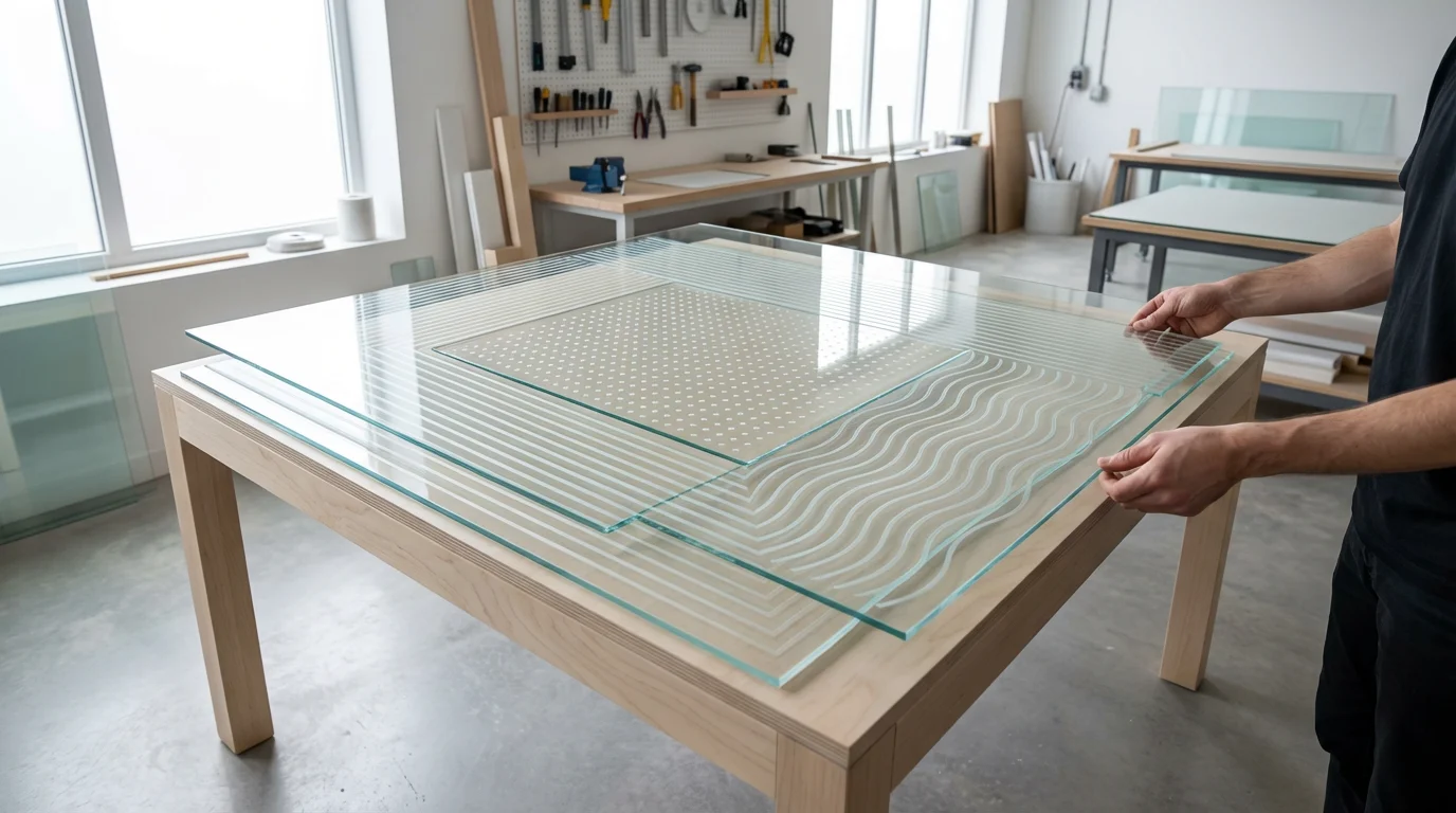 A person's hands carefully layering glass panes etched with abstract patterns in a bright workshop.