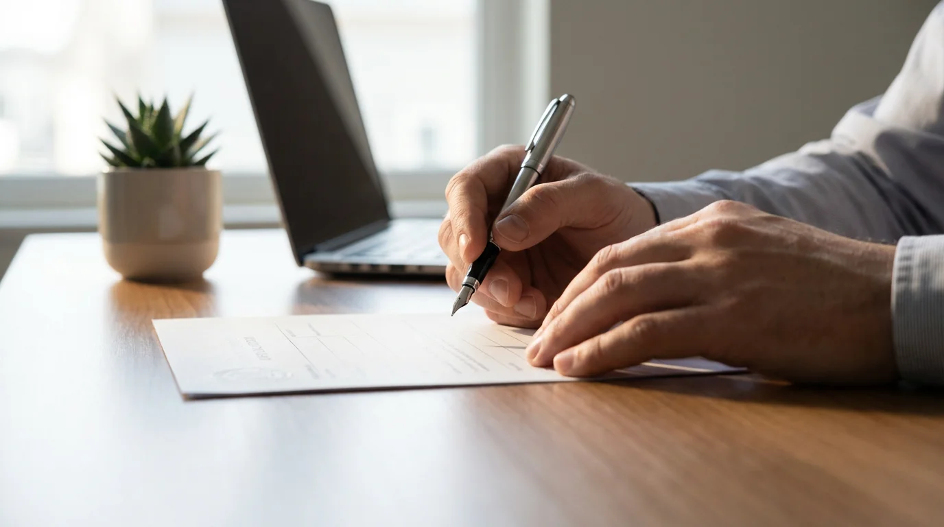 A person's hands holding a pen over a blank form on a desk.