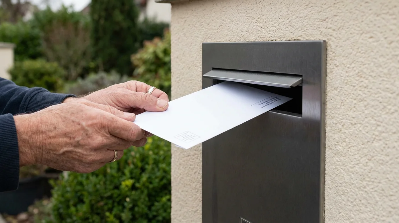 A person's hands retrieving a plain white envelope from a modern residential mailbox.