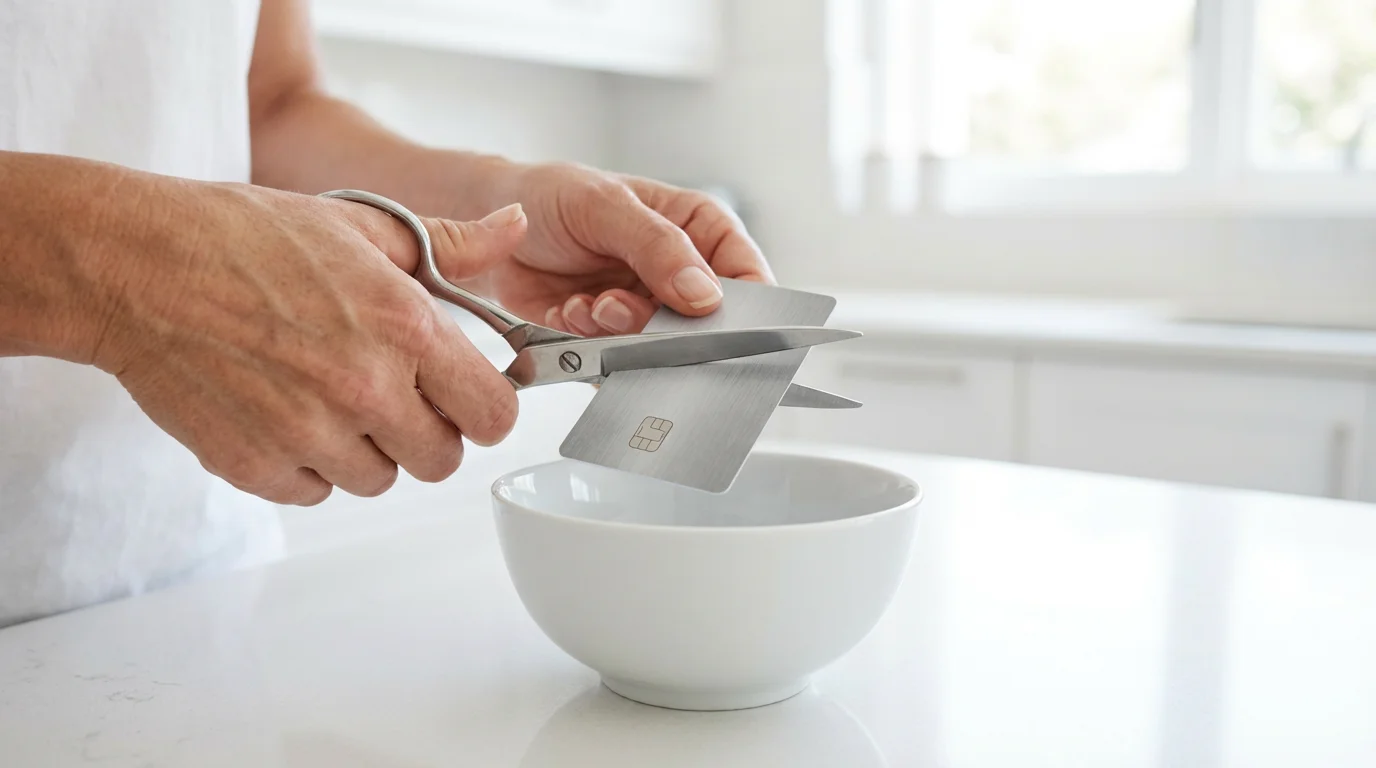A person's hands using scissors to cut a blank credit card in half.