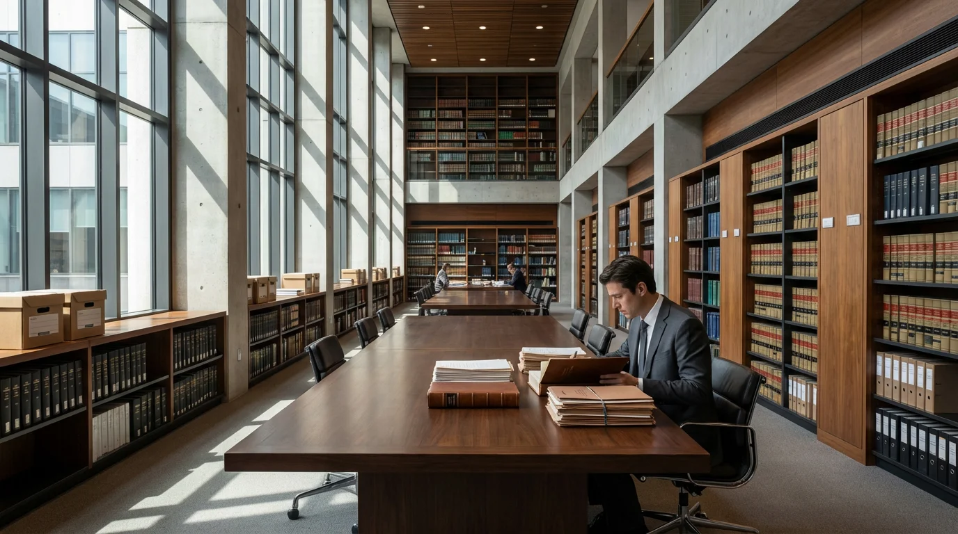 A professional sits at a table in a vast archive, reviewing Medicare appeal documents.