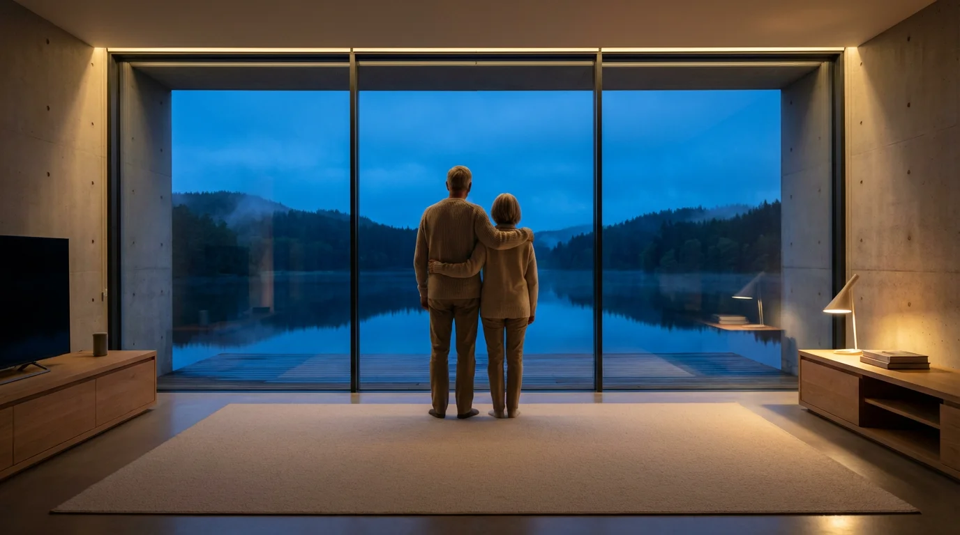 A retired couple looks out their living room window at a serene lake during blue hour.
