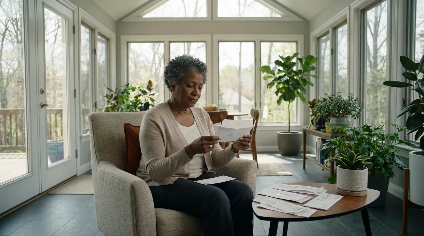 A retired woman in a bright sunroom thoughtfully reviews her envelope budget system.