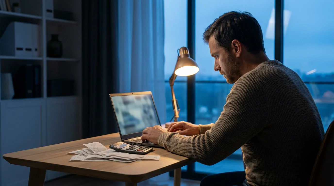 A self-employed man looking stressed at his desk with receipts during blue hour.