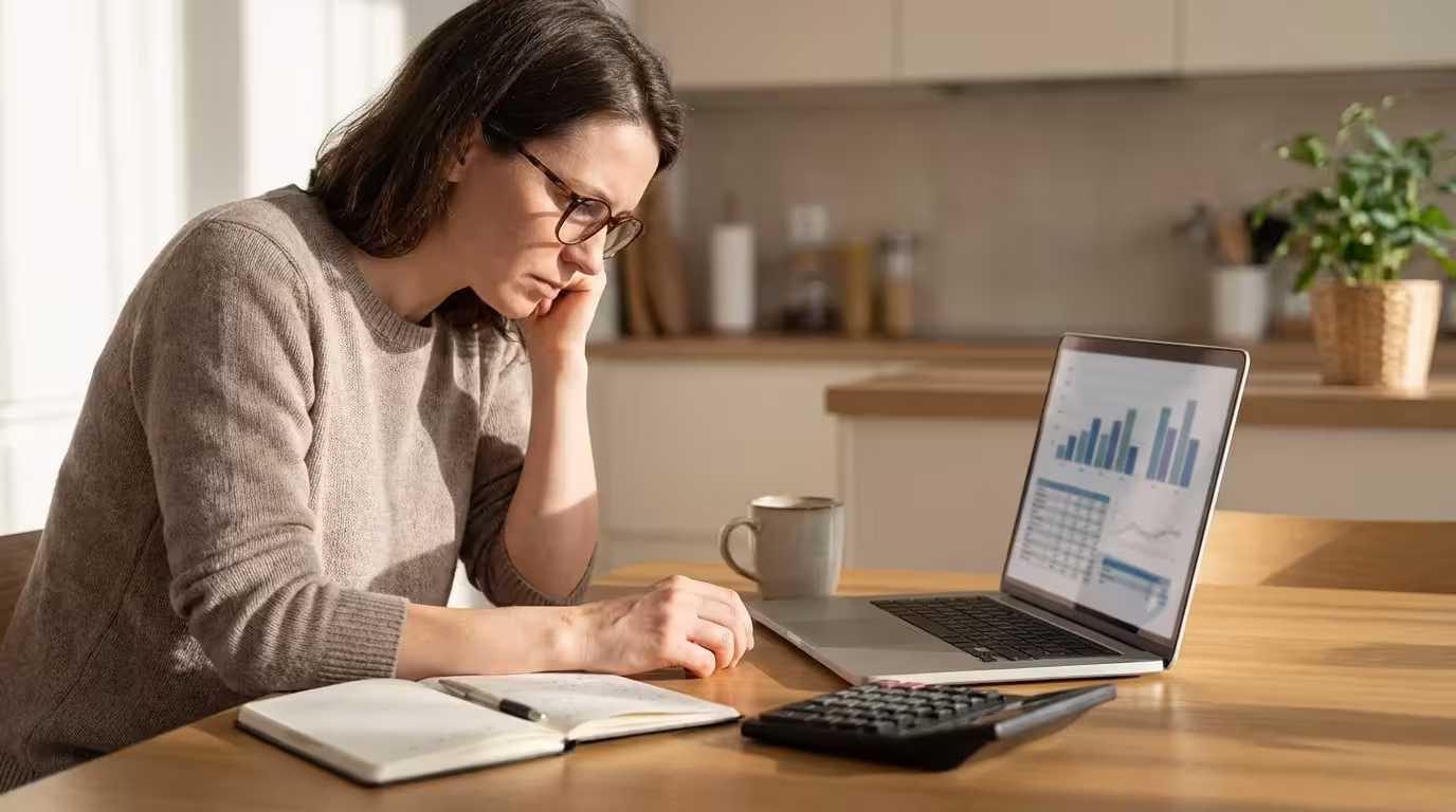 A self-employed person at a home kitchen table with a laptop and calculator.