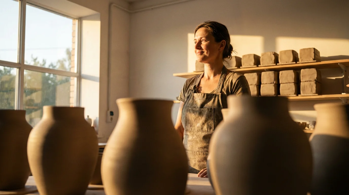 A self-employed potter stands confidently in her sunlit studio, surrounded by her work.
