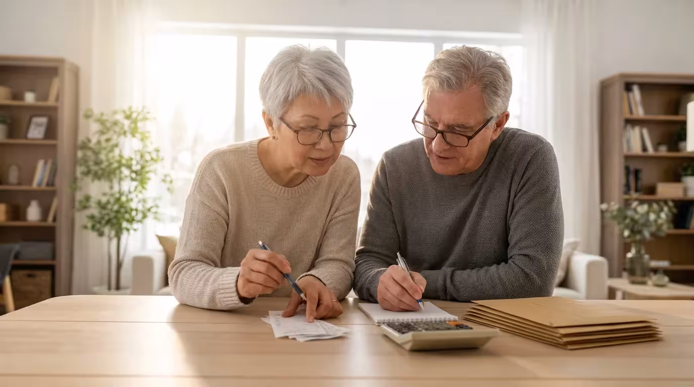 A senior couple at a dining table with soft morning light, organizing receipts for budgeting.