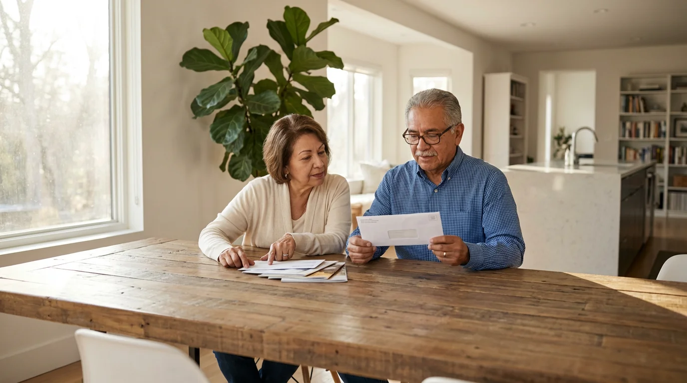 A senior couple carefully reviewing their mail at a dining table in their home.