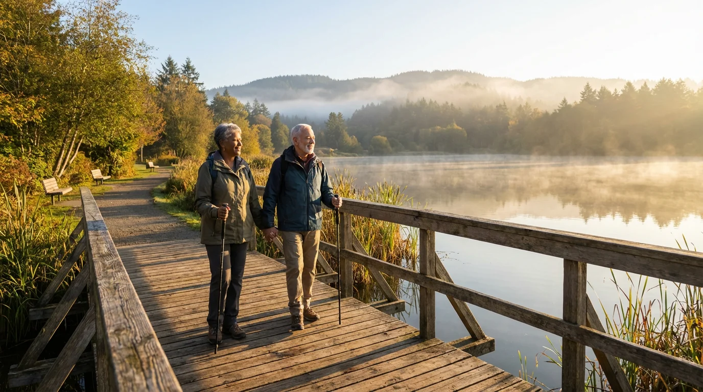 A senior couple enjoys a peaceful morning walk on a wooden bridge over a lake.