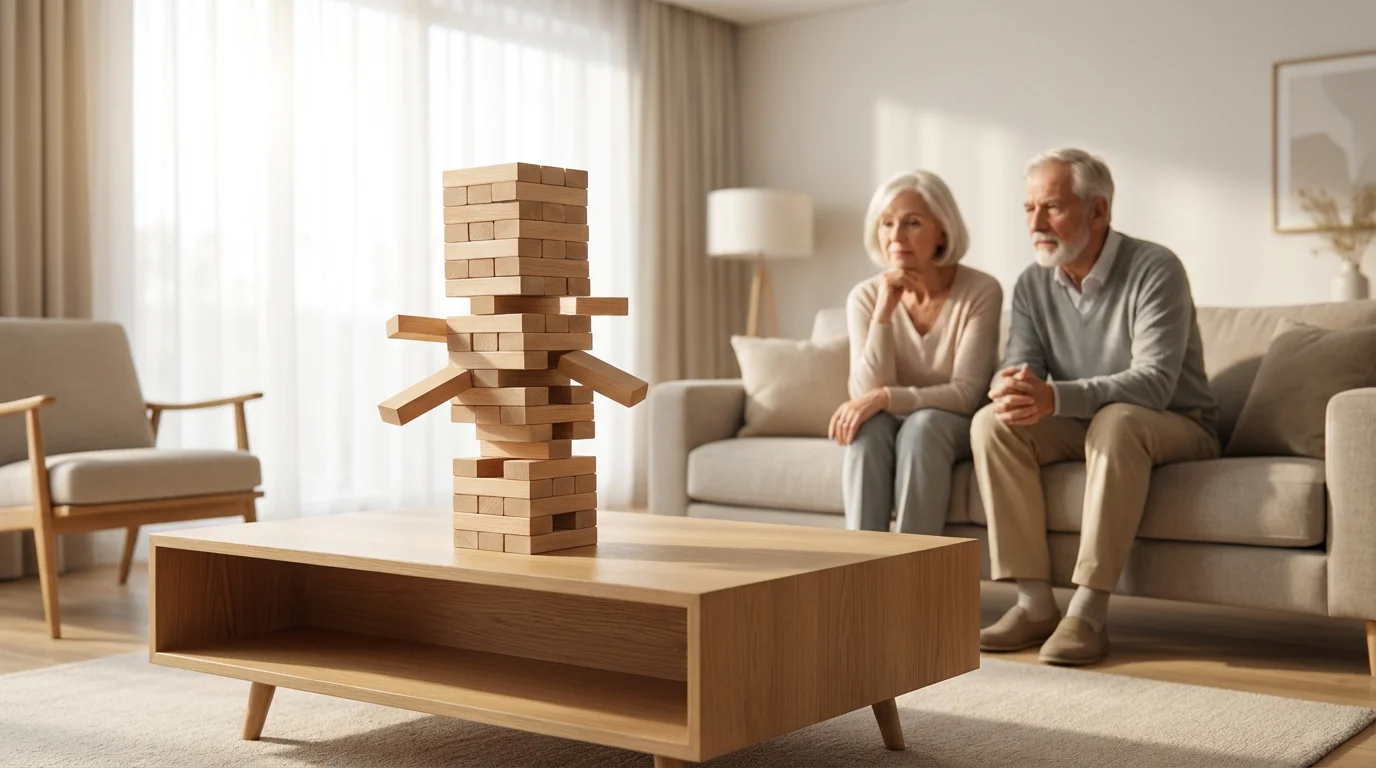 A senior couple in a bright living room looks thoughtfully at a precarious wooden block tower.