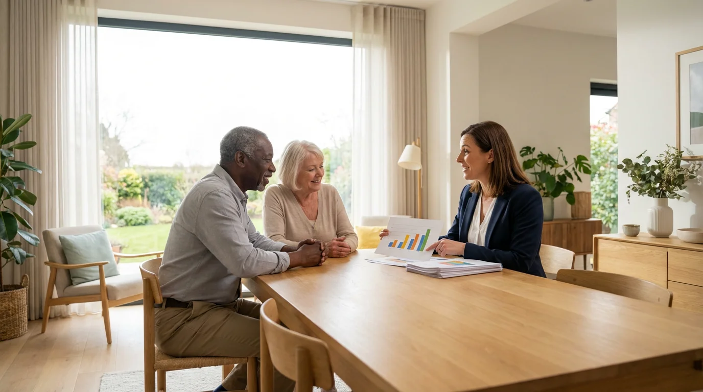 A senior couple meets with a professional advisor at their dining table to plan care.
