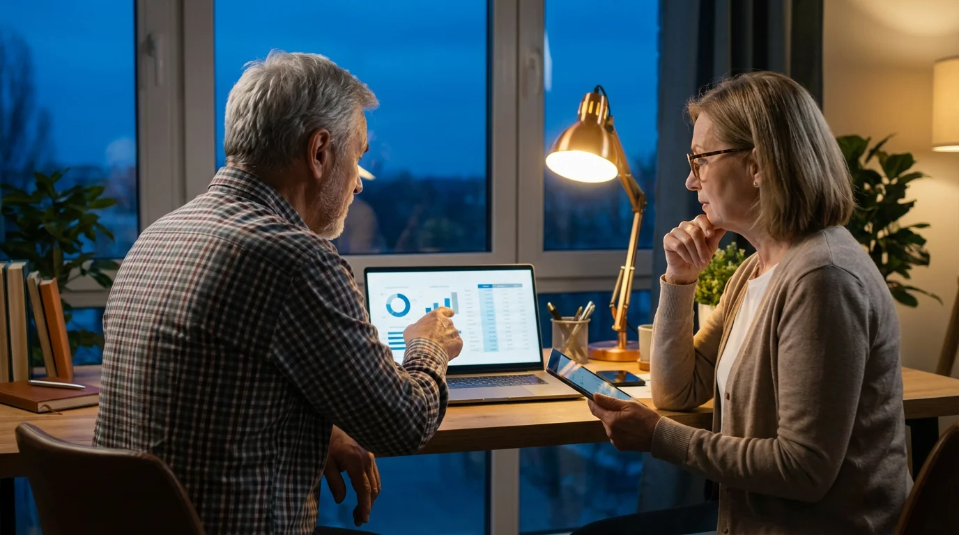 A senior couple researches Medicare Part D plans together on a laptop at dusk.