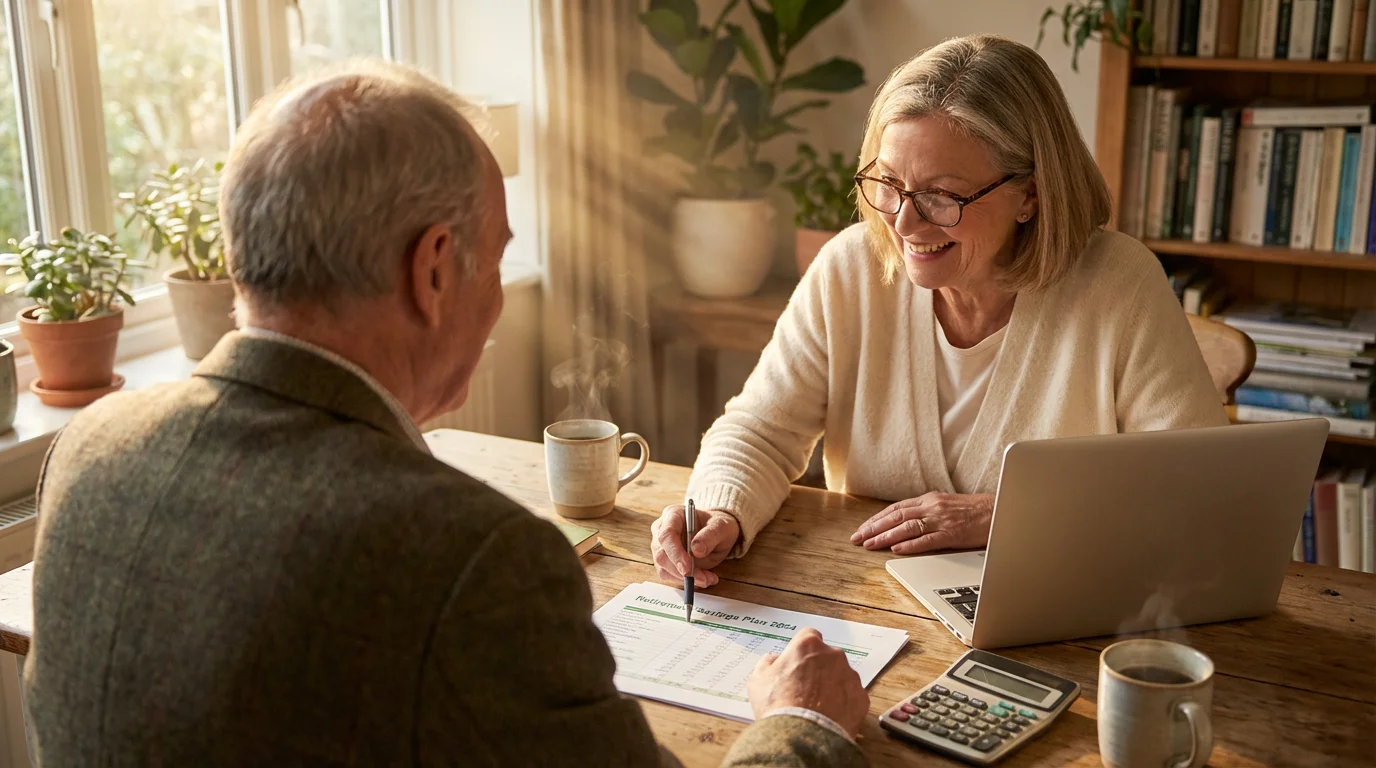 A senior couple sits at a desk in the golden hour, collaboratively reviewing retirement documents.