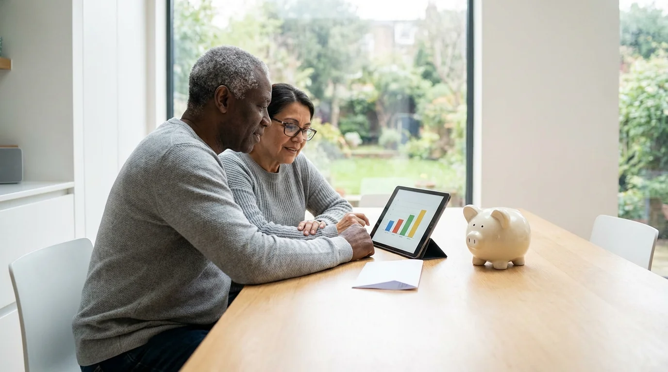 A senior couple sits at a desk with a piggy bank, reviewing finances on a tablet.